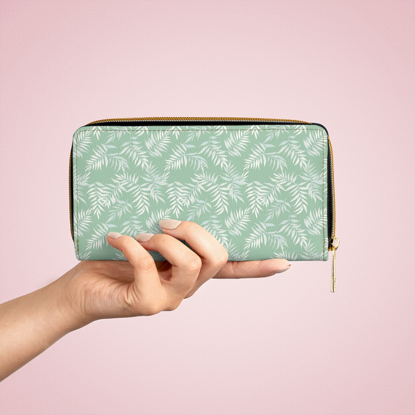 Mint Green Leather Wallet Women, Palm Tree Leaf Vegan Zipper Zip Around Coins Credit Cards Pocket Cash Ladies Female Pouch Slim Clutch Purse