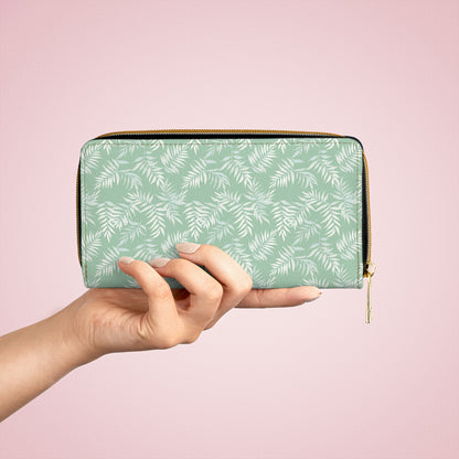 Mint Green Leather Wallet Women, Palm Tree Leaf Vegan Zipper Zip Around Coins Credit Cards Pocket Cash Ladies Female Pouch Slim Clutch Purse