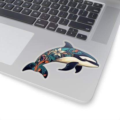 Orca Sticker Decal, Killer Whale Floral Art Vinyl Laptop Cute Waterbottle Tumbler Car Waterproof Bumper Clear Aesthetic Die Cut Wall