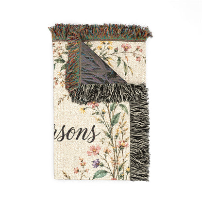 Custom Family Name Woven Blanket Tapestry, Wildflowers Throw Floral Botanical Personalized Wedding Anniversary Engagement Cotton Small Large