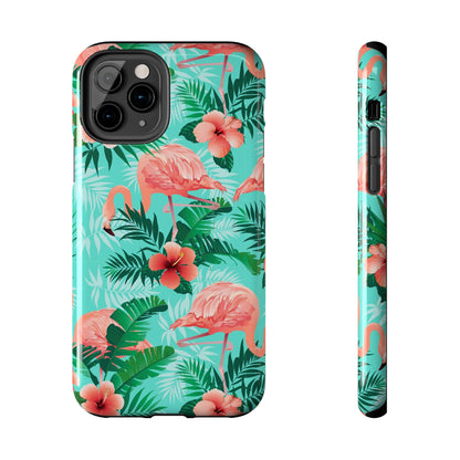 Pink Flamingo iPhone 17 16 15 14 13 12 11 Pro Max Case, Green Tropical Leaf Monstera Print Cute Gift XS XR X 7 Plus 8 Tough Cell Phone - Starcove Fashion