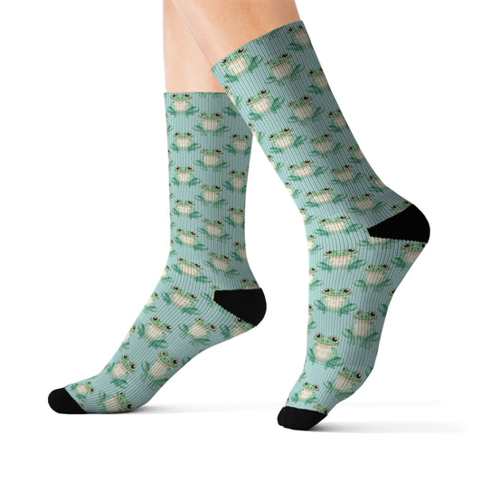 Frogs Socks, Pastel Green Kawaii Funny Crew Sublimation Women Men Designer Fun Novelty Cool Funky Crazy Casual Cute Unique Dress