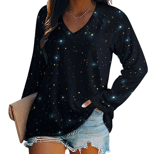 Constellation Women Long Sleeve Tshirt loose fit, Space Stars Galaxy Celestial Relaxed V-neck Designer Graphic Ladies Female Tee Top Shirt - Starcove Fashion