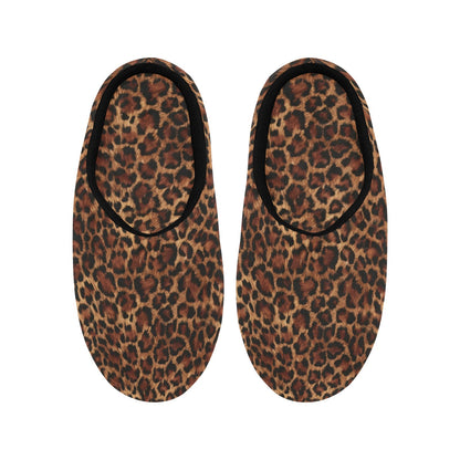 Leopard Women's Slippers, Brown Black Animal Print Leopard Ladies House Slide Handmade Bedroom Warm Winter Designer Slip On Cotton Shoes