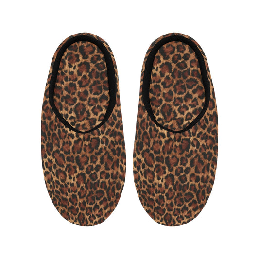 Leopard Women's Slippers, Brown Black Animal Print Leopard Ladies House Slide Handmade Bedroom Warm Winter Designer Slip On Cotton Shoes