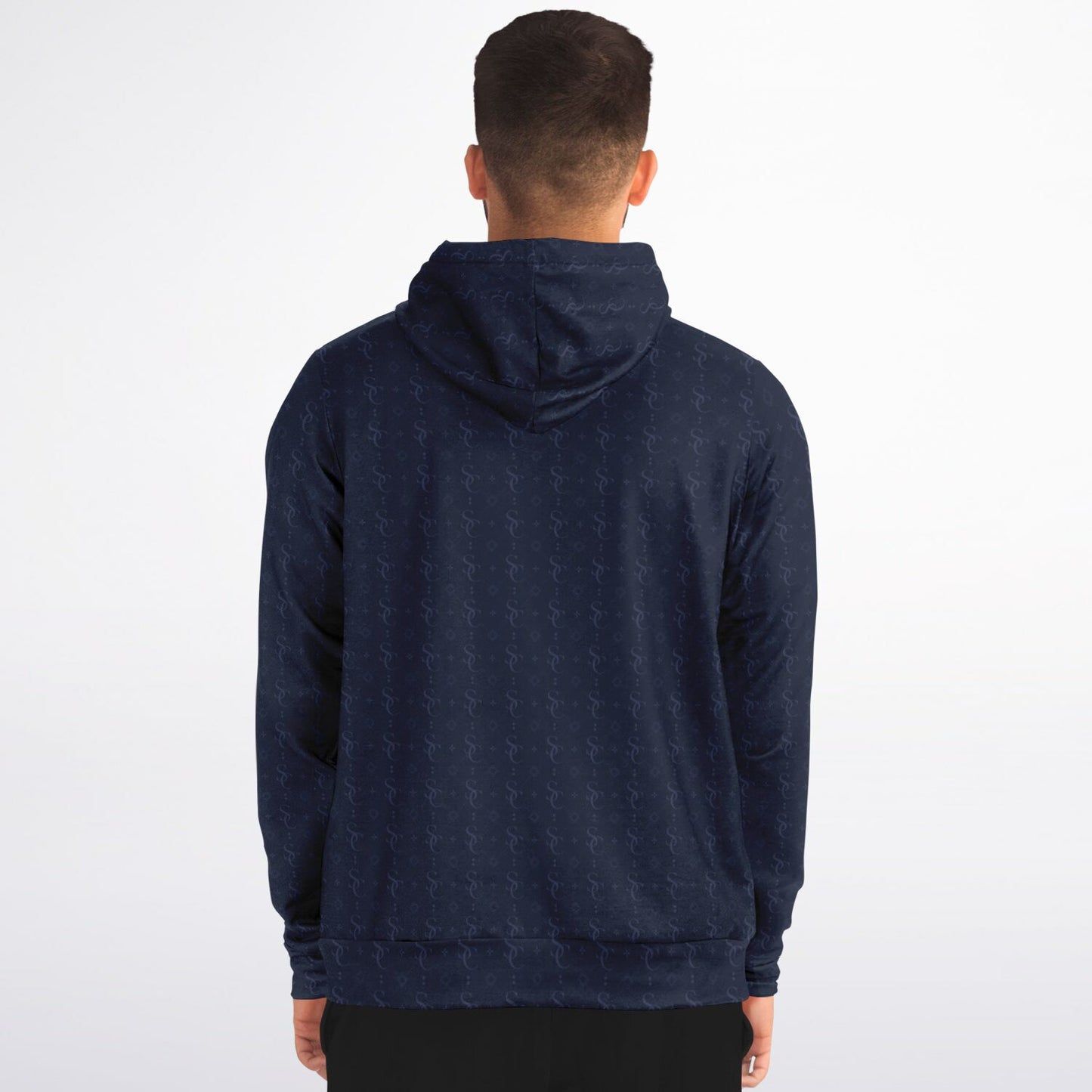 Navy Blue Zip Up Hoodie, Geometric Monogram Pattern Full Zipper Pocket Men Women Unisex Aesthetic Graphic Cotton Fleece Hooded Sweatshirt - Starcove Fashion