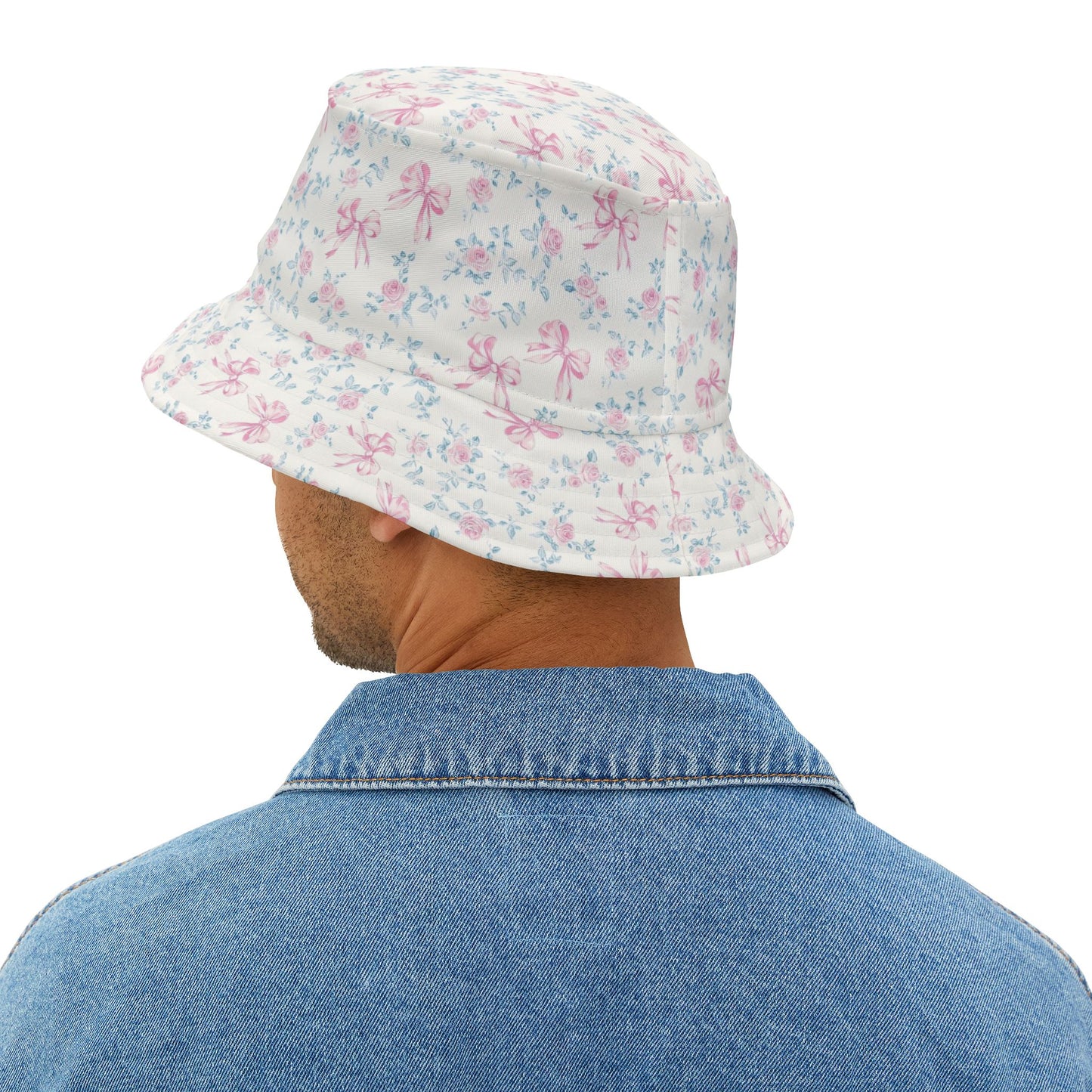 Pink Rose Bows Bucket Cap Hat, White Floral Flowers Print Beach Women Men Golf Summer Festival Cute Designer Sun Shade Ladies Small Large