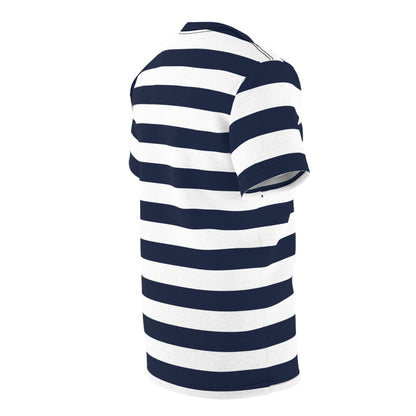Blue and White Striped Tshirt, Navy Wide Horizontal Stripe Designer Aesthetic Crewneck Men Women Tee Top Short Sleeve Shirt Starcove Fashion