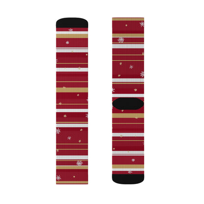 Candy Cane Stripe Socks, Snowflake Red White Christmas Crew Sublimation Women Men Designer Fun Novelty Cool Casual Cute Unique Dress