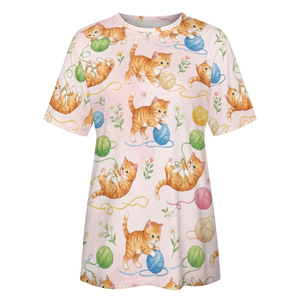 Cute Cats Women Cotton Tshirt, Tabby Kittens Pink Ladies Female Designer Adult Graphic Aesthetic Fashion Fitted Crewneck Tee Shirt Top - Starcove Fashion