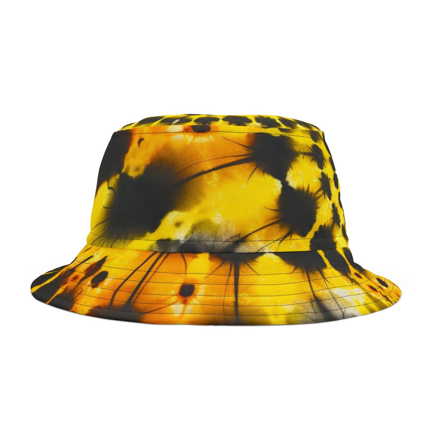 Yellow Tie Dye Bucket Cap Hat, Black Print Beach Women Men Kids Children Golf Summer Festival Cute Designer Sun Shade Ladies Small Large