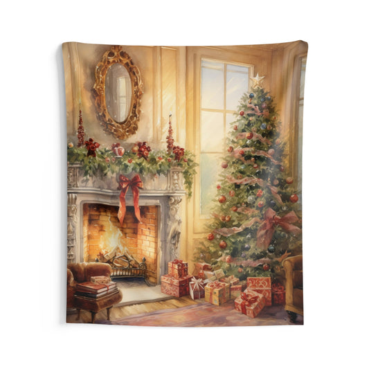 Christmas Tree Fireplace Tapestry, Vintage Retro Wall Art Hanging Cool Unique Vertical Aesthetic Large Small Decor Bedroom College Room
