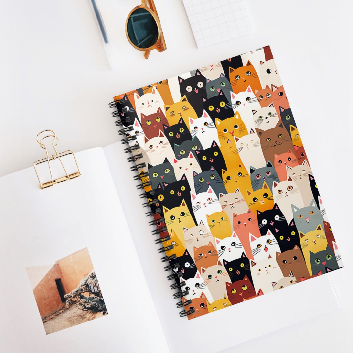 Cats Spiral Notebook, Cute Kittens Travel Pattern Design Small Journal Notepad Ruled Line Book Paper Pad Work Aesthetic Gift