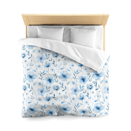 Blue Floral Duvet Cover, Wild Flowers Watercolor Bedding Queen King Full Twin XL Microfiber Unique Designer Bed Quilt Bedroom Decor