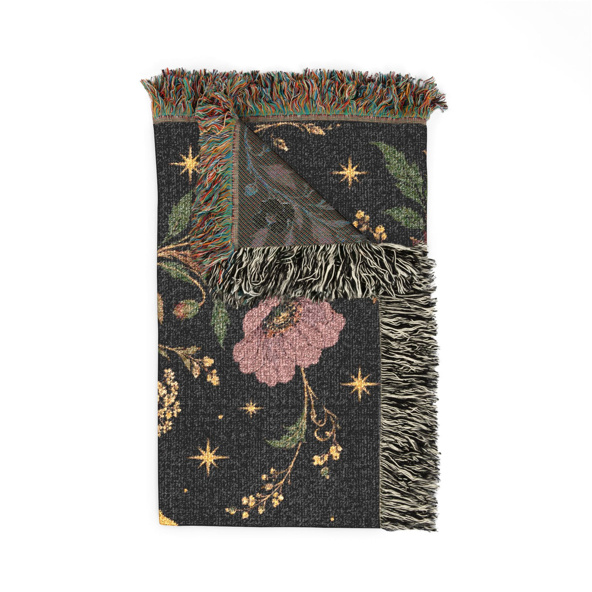 Dark Botanical Floral Woven Throw Blanket Tapestry, Crescent Moon Celestial Cotton Fringe Warm Adult Kids Small Large Bed 50x60 Wall Hanging