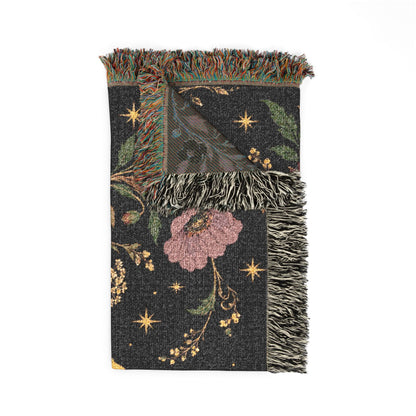 Dark Botanical Floral Woven Throw Blanket Tapestry, Crescent Moon Celestial Cotton Fringe Warm Adult Kids Small Large Bed 50x60 Wall Hanging
