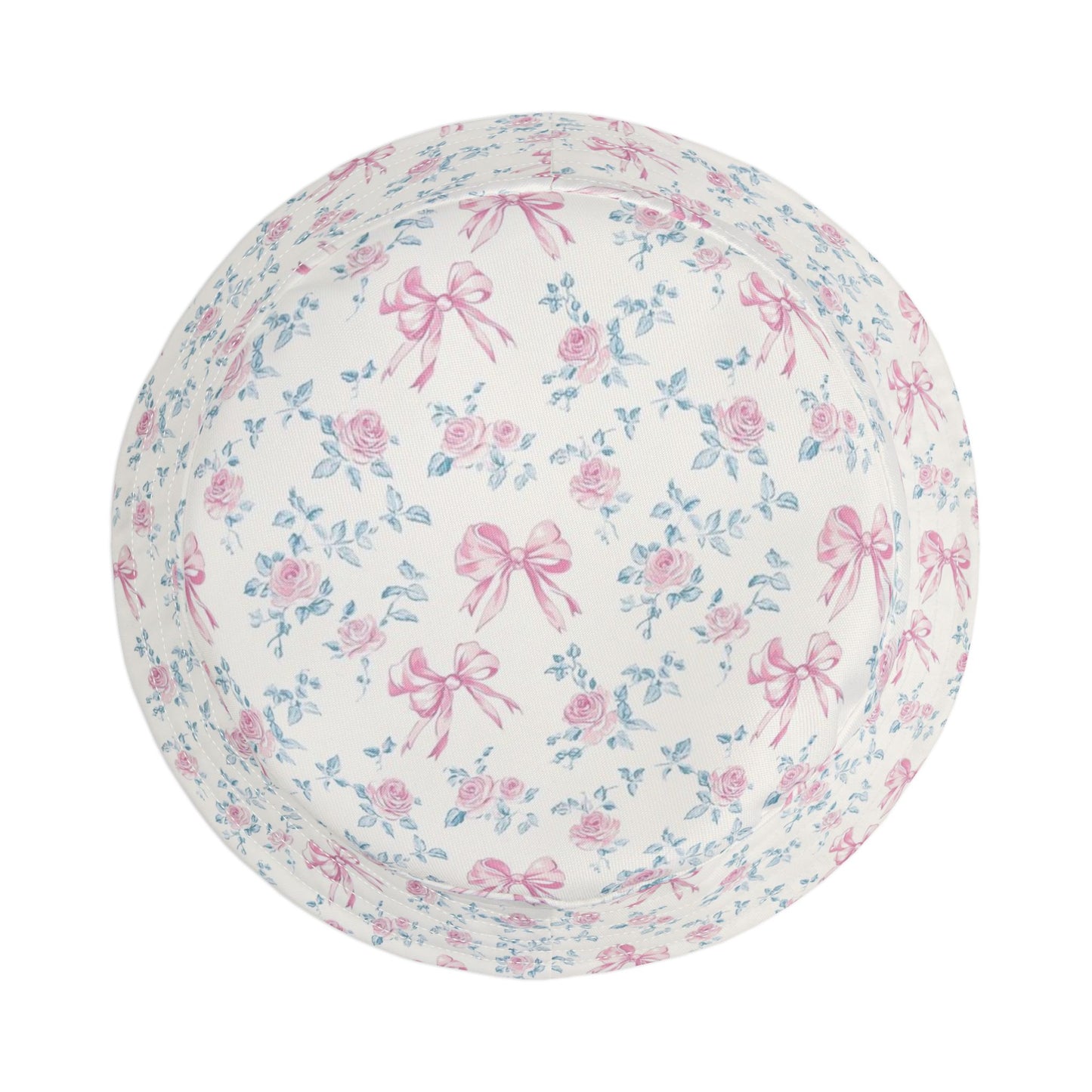 Pink Rose Bows Bucket Cap Hat, White Floral Flowers Print Beach Women Men Golf Summer Festival Cute Designer Sun Shade Ladies Small Large