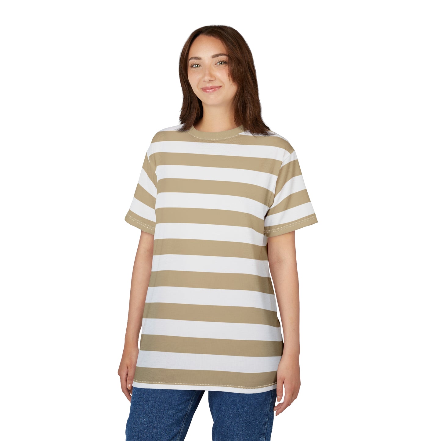 Khaki White Striped Tshirt,  Stripes Designer Graphic Lightweight Heavyweight Crewneck Men Women Tee Top Short Sleeve Shirt