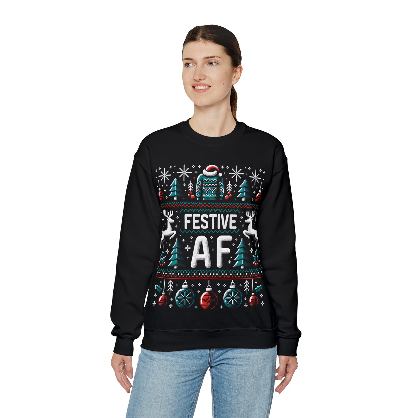 Festive AF Ugly Christmas Sweater, Bad Tacky Xmas Print Women Men Vintage Funny Party Winter Holiday Outfit Plus Size Sweatshirt