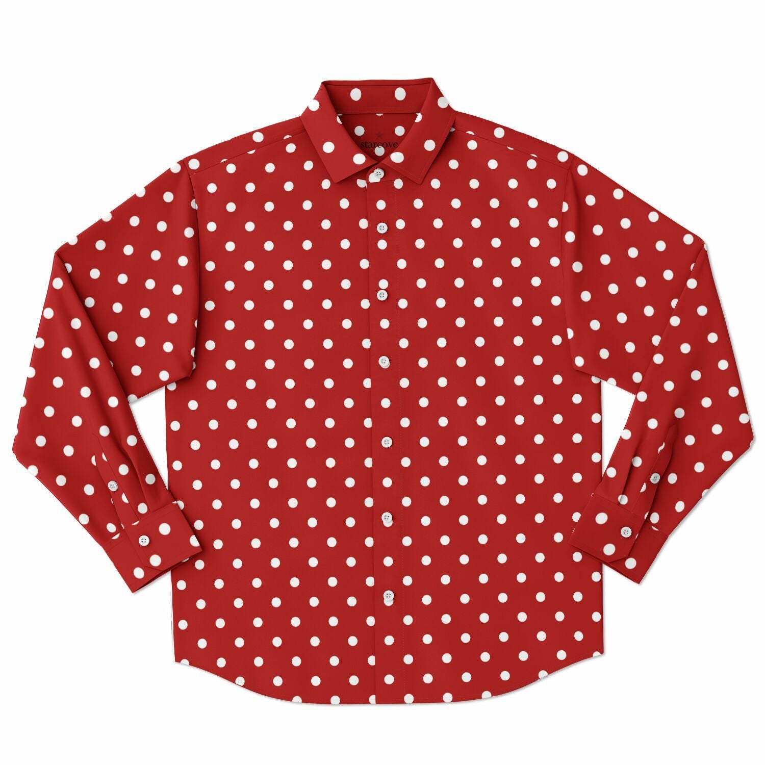red and white polka dot dress shirt Red White Polka Dots Long Sleeve Men Button up Shirt, Guys Male Print Buttoned Down Collared Graphic Casual Dress Plus Size Shirt