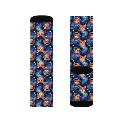 Cats in Space Socks, Astronaut Crew Sublimation Women Men Designer Fun Novelty Cool Funky Crazy Casual Cute Unique Dress