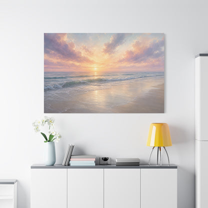 Sunset Beach Canvas Gallery Wrap, Coastal Serene Ocean Watercolor Wall Art Print Decor Small Large Hanging Modern Landscape Living Room