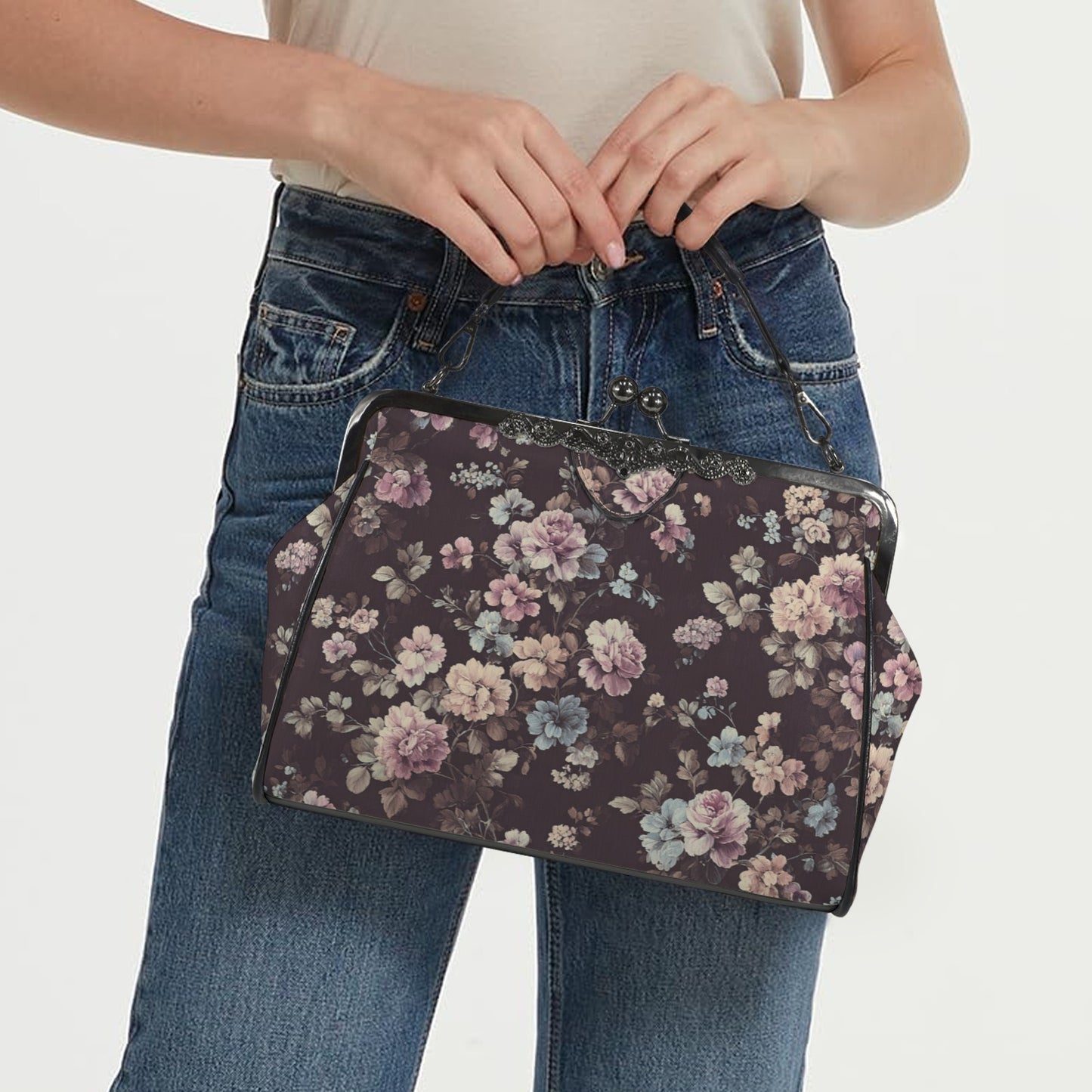 Rococo Floral Kiss Lock Purse Handbag, Purple Pink Flowers Retro Vegan Leather Vintage Designer Shoulder Crossbody Top Handle Clasp Bag