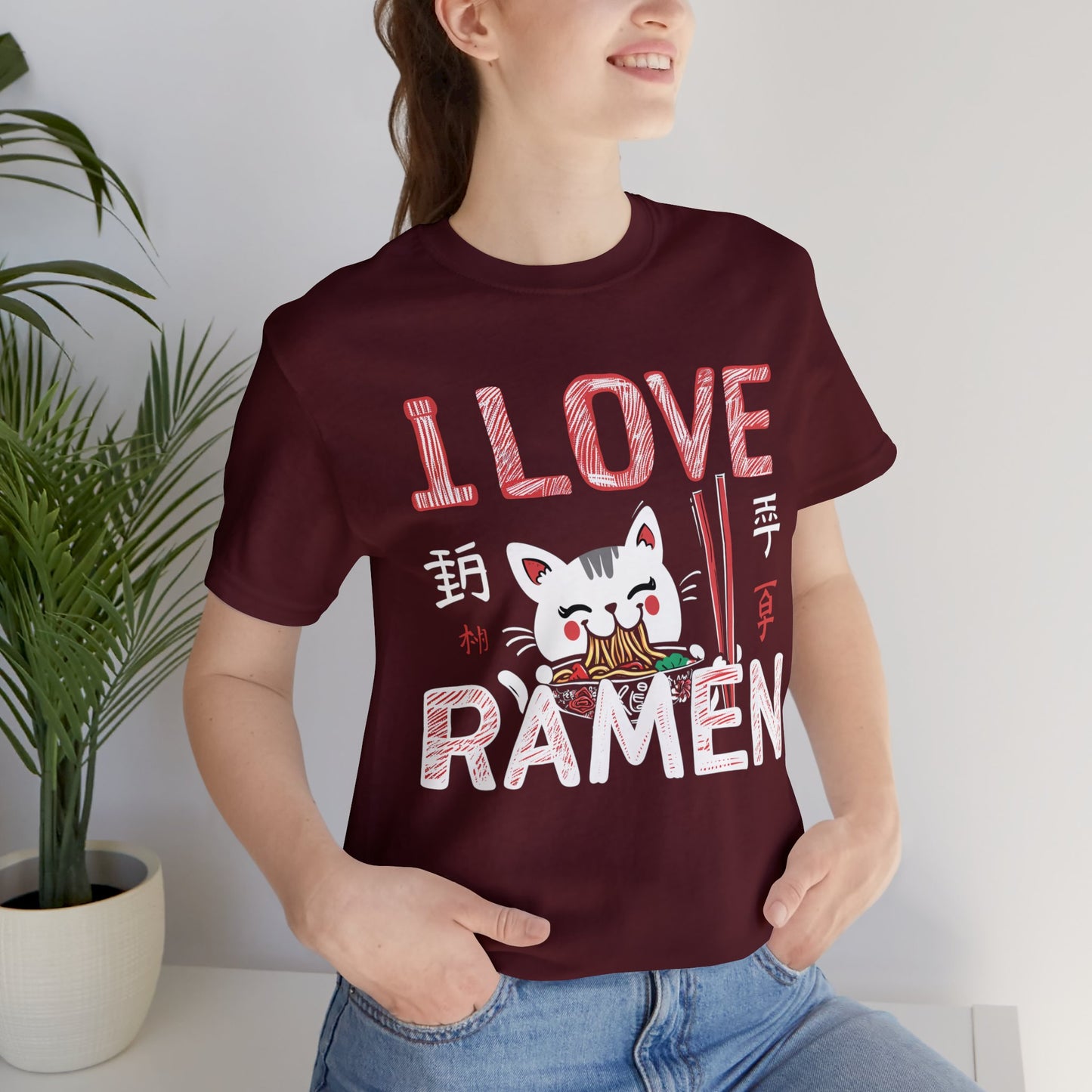 I love Ramen Tshirt, Cat Cup Noodles Eating Food Anime Designer Graphic Aesthetic Crewneck Men Women Tee Top Short Sleeve Shirt