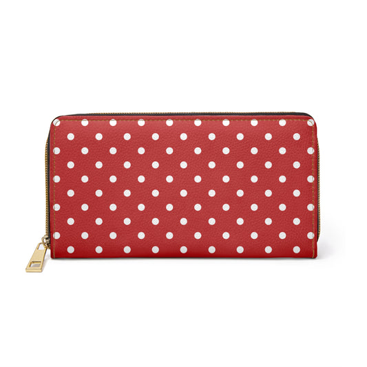 Red Polka Dots Leather Wallet Women, Vegan Zipper Zip Around Coins Credit Cards Pocket Cash Ladies Pouch Slim Clutch Purse Gift
