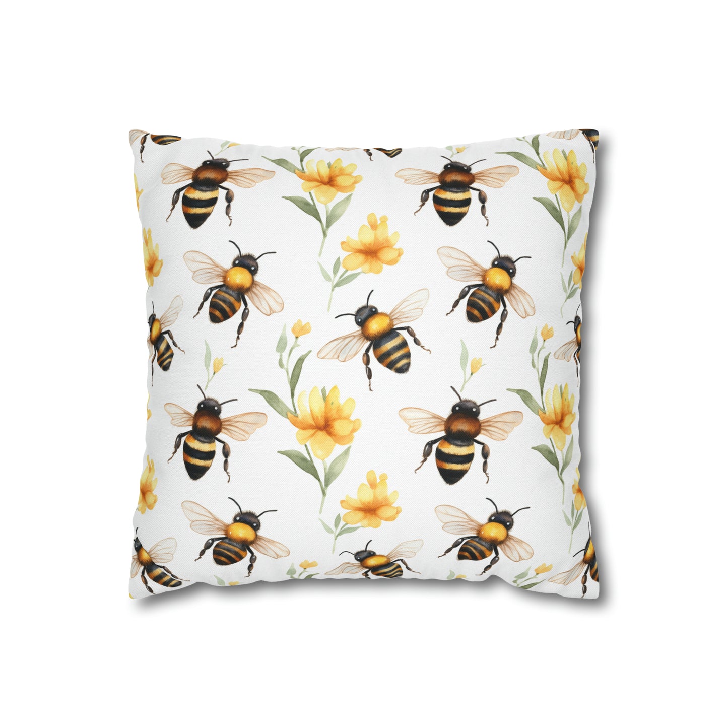 Bees Flowers Pillow Case, Yellow Floral Spring Square Throw Decorative Cover Room Decor Couch Cushion 20 x 20 Zipper Sofa