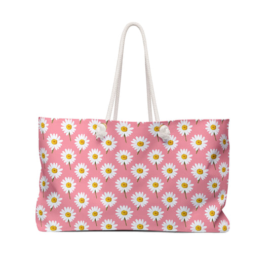 White Daisy Tote Bag with Rope Handles, Pink Floral Flowers Beach Canvas Weekender Pool Travel Summer Large Shoulder Designer Carry Bag