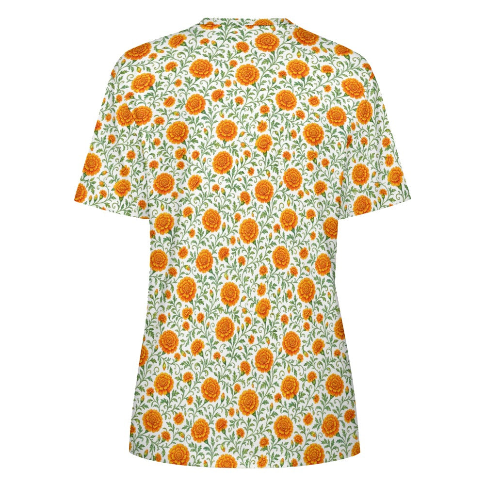 Marigold Flower Women Cotton Tshirt, Orange Floral Ladies Female Designer Adult Graphic Aesthetic Fashion Fitted Crewneck Tee Shirt Top - Starcove Fashion