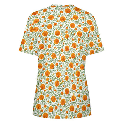 Marigold Flower Women Cotton Tshirt, Orange Floral Ladies Female Designer Adult Graphic Aesthetic Fashion Fitted Crewneck Tee Shirt Top - Starcove Fashion