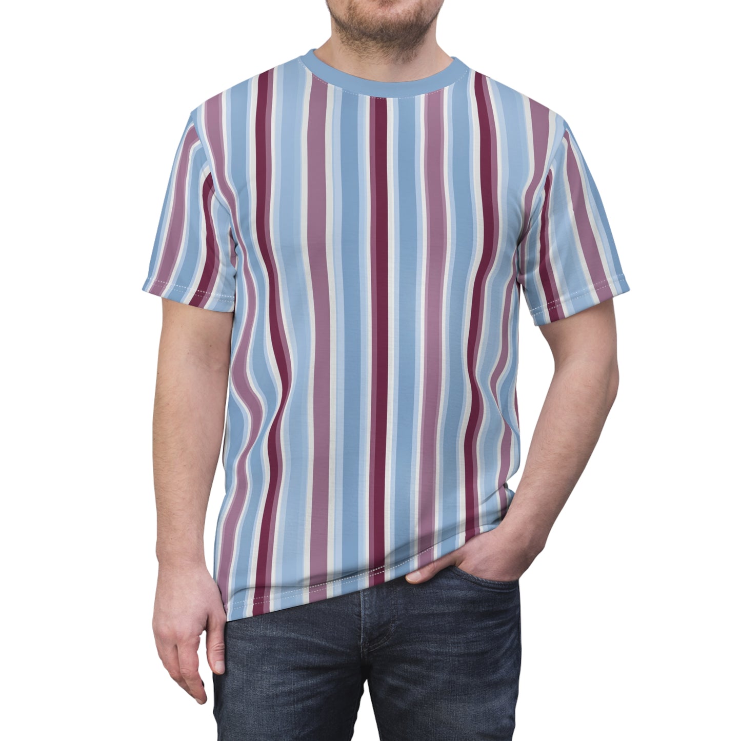 Blue Burgundy Striped Tshirt, Vertical Stripe Designer Aesthetic Lightweight Heavyweight Crewneck Men Women Tee Top Short Sleeve Shirt