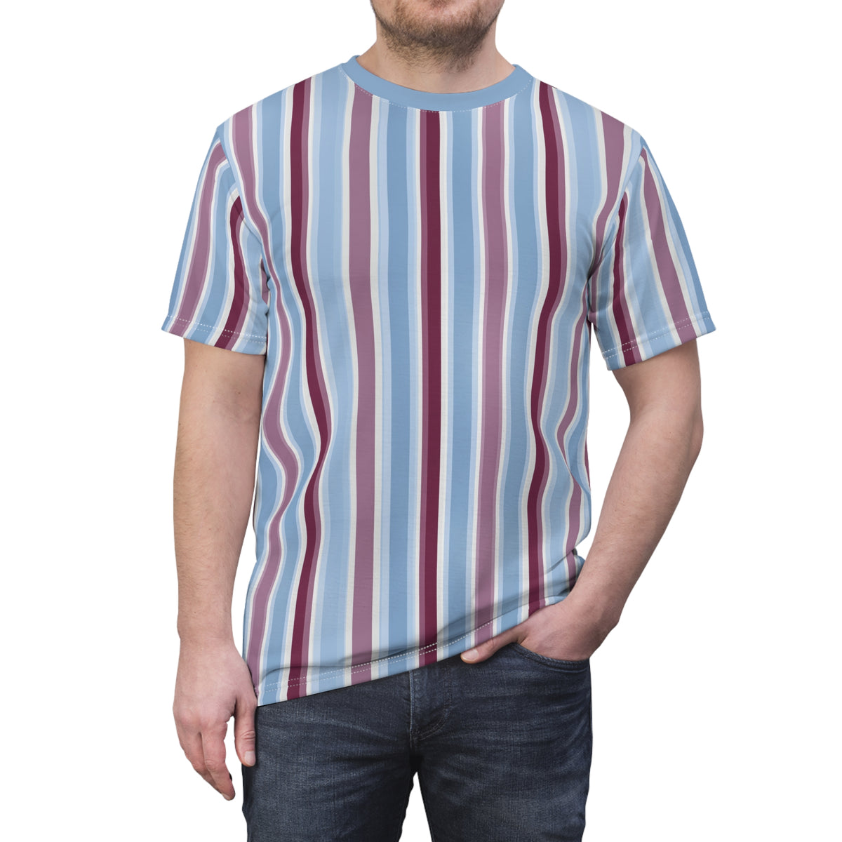 Blue Burgundy Striped Tshirt, Vertical Stripe Designer Aesthetic 