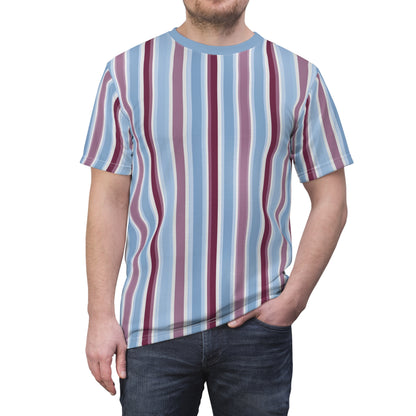 Blue Burgundy Striped Tshirt, Vertical Stripe Designer Aesthetic Lightweight Heavyweight Crewneck Men Women Tee Top Short Sleeve Shirt
