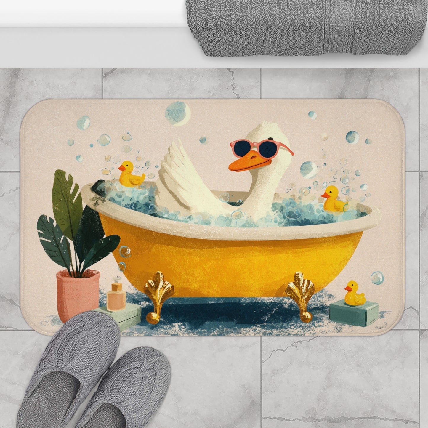 Silly Goose Bath Mat, Rubber Yellow Duck Coastal Sea Memory Foam Cute Shower Bathroom Decor Non Slip Large Small Washable Quick Dry Rug