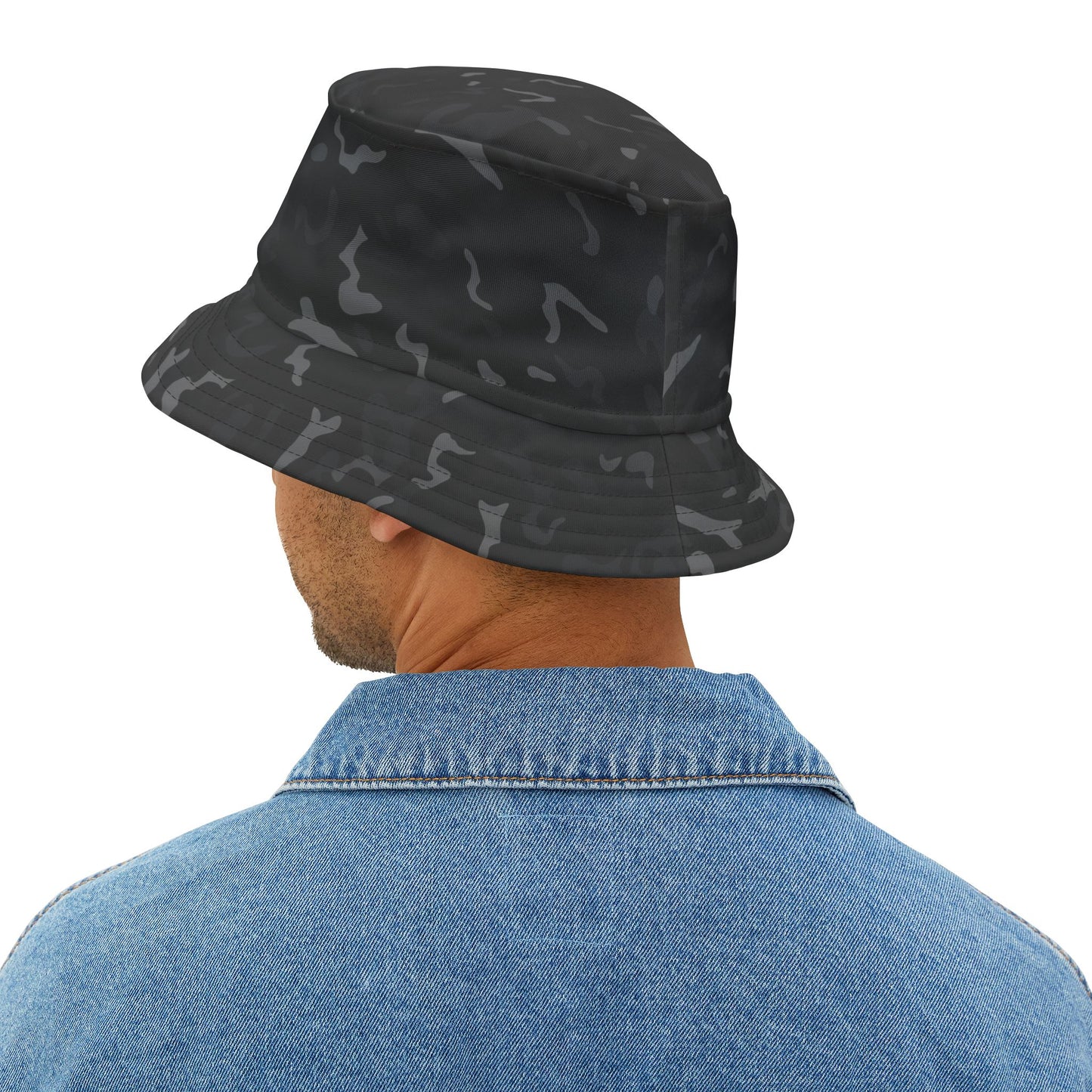 Black Camo Bucket Cap Hat, Grey Camouflage Print Beach Women Men Golf Summer Festival Cute Designer Sun Shade Ladies Small Large Guys