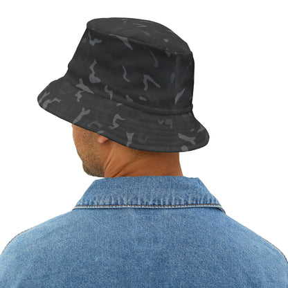 Black Camo Bucket Cap Hat, Grey Camouflage Print Beach Women Men Golf Summer Festival Cute Designer Sun Shade Ladies Small Large Guys