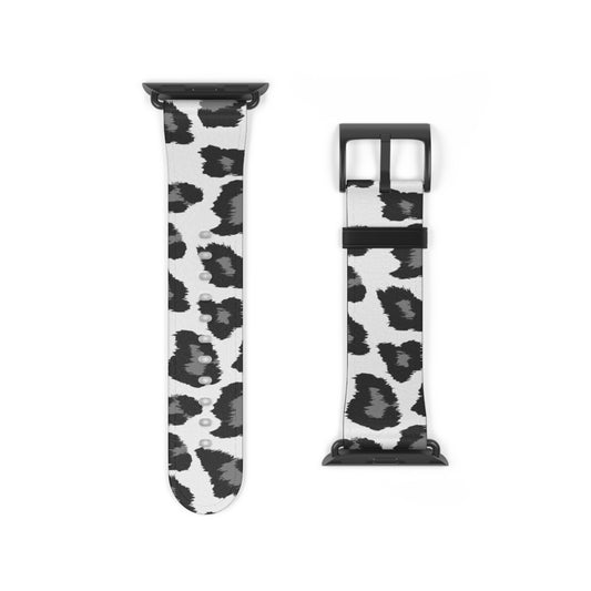 Snow Leopard Apple Watch Band, Vegan Leather Strap Black White Animal Print Bracelet 38 40 41 42 44 45 Series 3 4 5 6 7 8 9 Ultra SE - Starcove Fashion