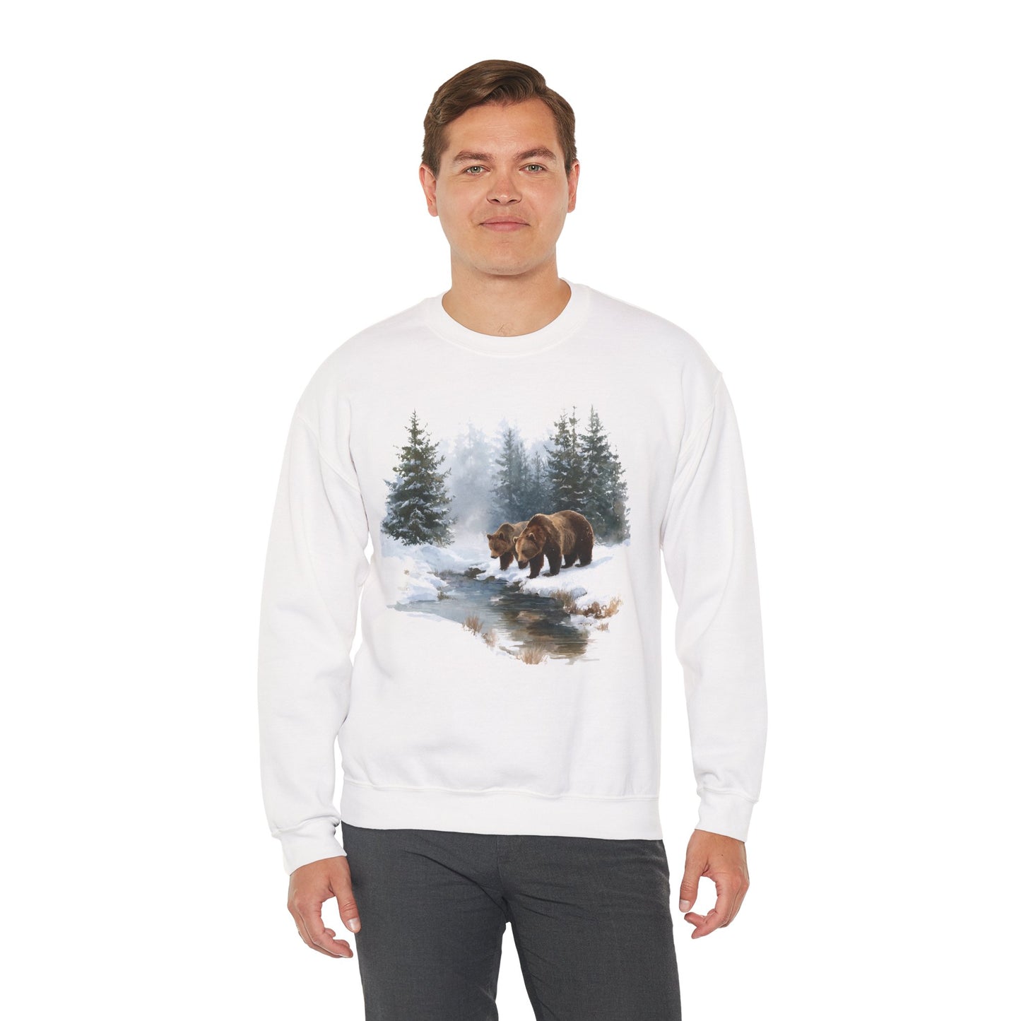 Grizzly Bears Wilderness Scene Sweatshirt, Retro Trees White Graphic Crewneck Fleece Cotton Sweater Jumper Pullover Men Women Designer Top