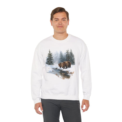 Grizzly Bears Wilderness Scene Sweatshirt, Retro Trees White Graphic Crewneck Fleece Cotton Sweater Jumper Pullover Men Women Designer Top