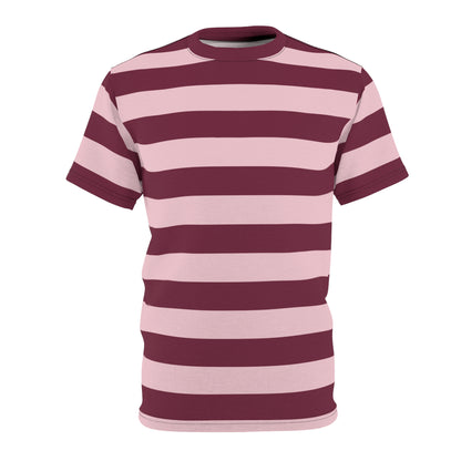 Burgundy Pink Striped Tshirt, Maroon Blush Horizontal Retro Designer Lightweight Heavyweight Crewneck Men Women Tee Top Short Sleeve Shirt