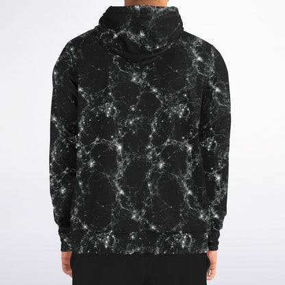 Black Galaxy Zip Up Hoodie, Space Stars Universe Full Zipper Pocket Men Women Unisex Adult Aesthetic Graphic Cotton Fleece Hooded Sweatshirt