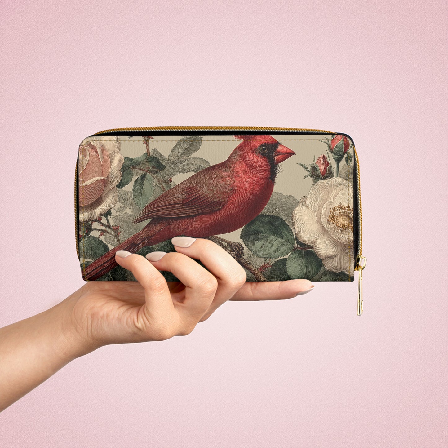 Cardinal Leather Wallet Women, Bird Roses Flowers Vegan Zipper Zip Around Coins Credit Cards Pocket Cash Ladies Pouch Slim Clutch Purse