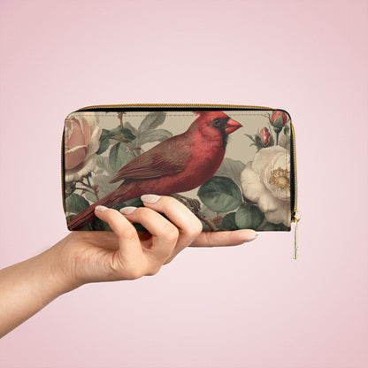 Cardinal Leather Wallet Women, Bird Roses Flowers Vegan Zipper Zip Around Coins Credit Cards Pocket Cash Ladies Pouch Slim Clutch Purse
