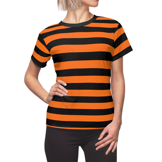 Black and Orange Striped Women Tshirt, Halloween Designer Adult Graphic Aesthetic Fashion Fitted Crewneck Tee Shirt Top Starcove Fashion