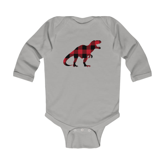 Trex Dino Baby Long Sleeve Bodysuit, Red Buffalo Plaid Check Dinosaur Infant Graphic Tshirt Cute Shirt New Baby Clothes One Piece Boy Girl
