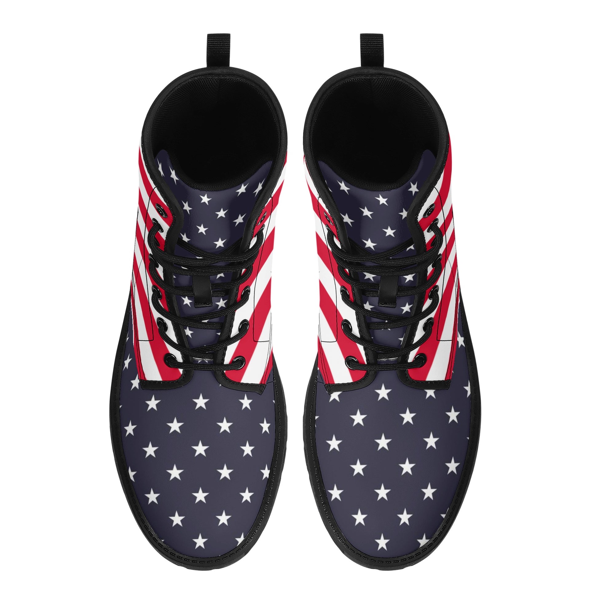 American Flag Women Leather Boots, Stars Stripes USA Blue Red White Patriotic Lace Up Shoes Festival Black Ankle Combat Work Custom Gift Starcove Fashion