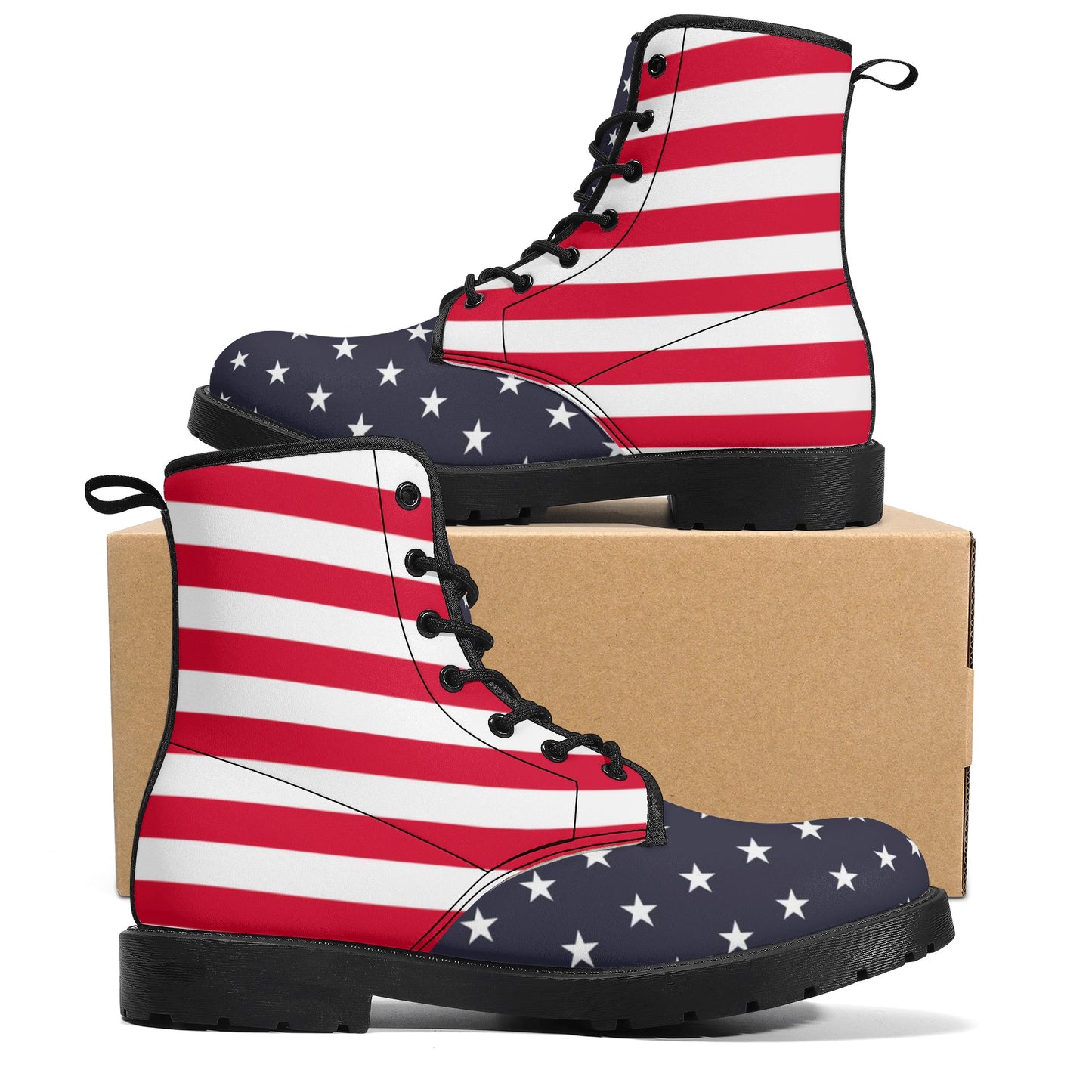 American Flag Women Leather Boots, Stars Stripes USA Blue Red White Patriotic Lace Up Shoes Festival Black Ankle Combat Work Custom Gift Starcove Fashion